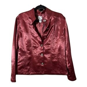 Chicos Red Glossy Button Front Blazer Evening Elegant Holiday Style Size 2 Lg.